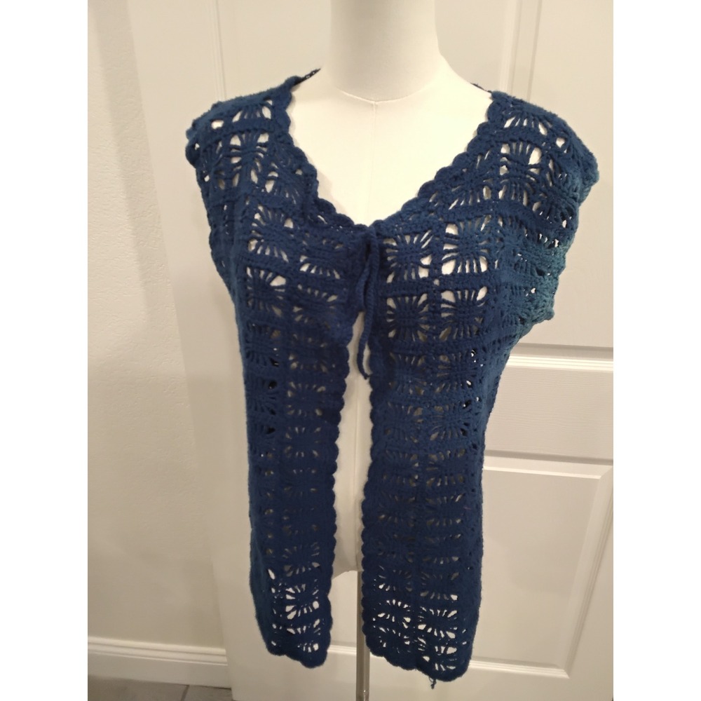 Handmade Crochet Open-Front Vest – Navy Blue – One Size